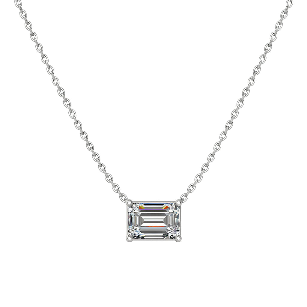 Christmas Sparkle: 14K White Gold Emerald Cut Lab Diamond East to West Stationary Solitaire Necklace - 1.03 Carats