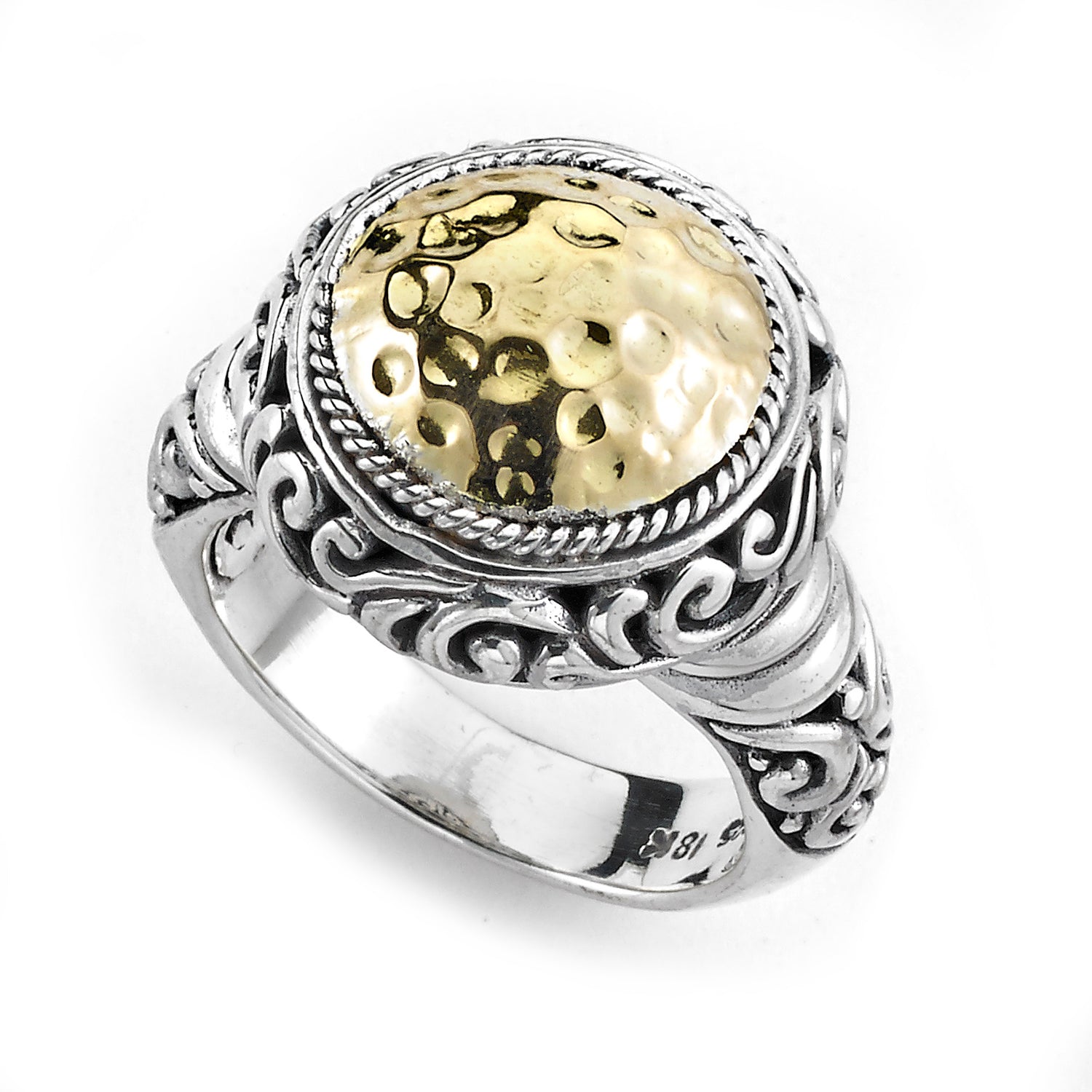 Round Hammered 18K Yellow Gold and Sterling Silver Ring