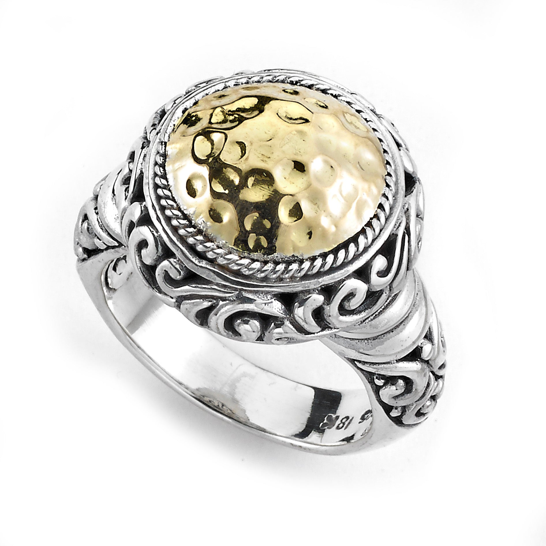 Round Hammered 18K Yellow Gold and Sterling Silver Ring