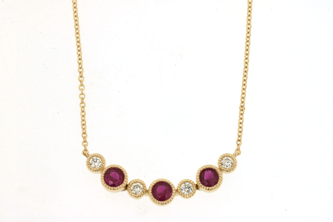 14K Yellow Gold Ruby Round Stationary Curved Stacking Necklace 0.36ct