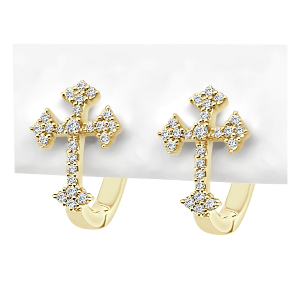 10K Yellow Gold Diamond Cross Hoop Earrings with Natural Round 0.25ct Diamonds