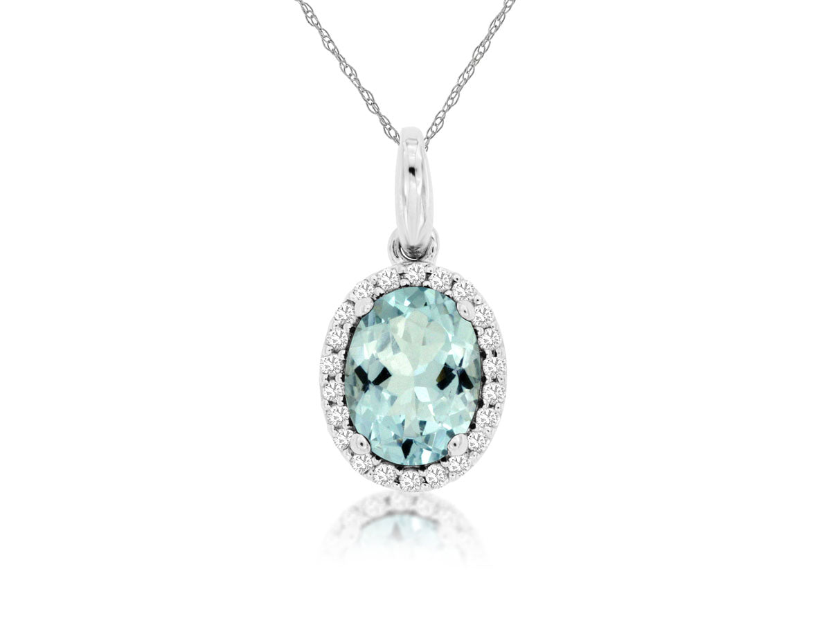 14K White Gold Halo Aquamarine Necklace - Oval Shape 1.10 Carat