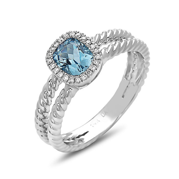 14K Two-Tone Blue Topaz Double Twist Band Cushion Halo Ring - 0.98 Carats