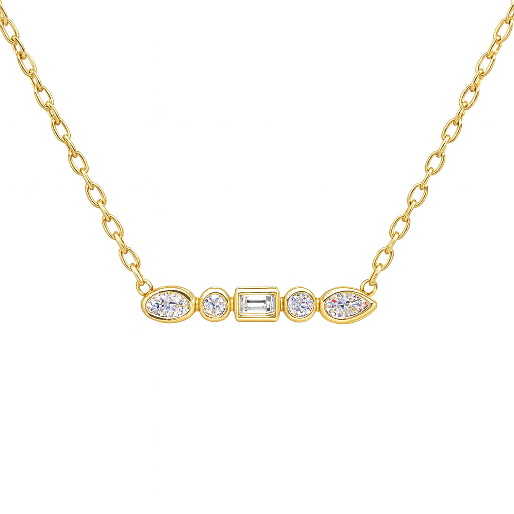Stunning 14 Karat Yellow Gold Necklace with Multishape 5 Stone Stationary Bar Featuring Natural Diamond (0.55 ct)