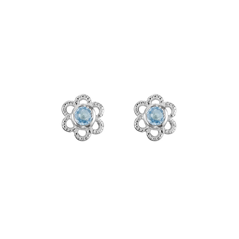 Bohemian Bliss: Sterling Silver Flower Child Stud Earrings with Aquamarine Accents
