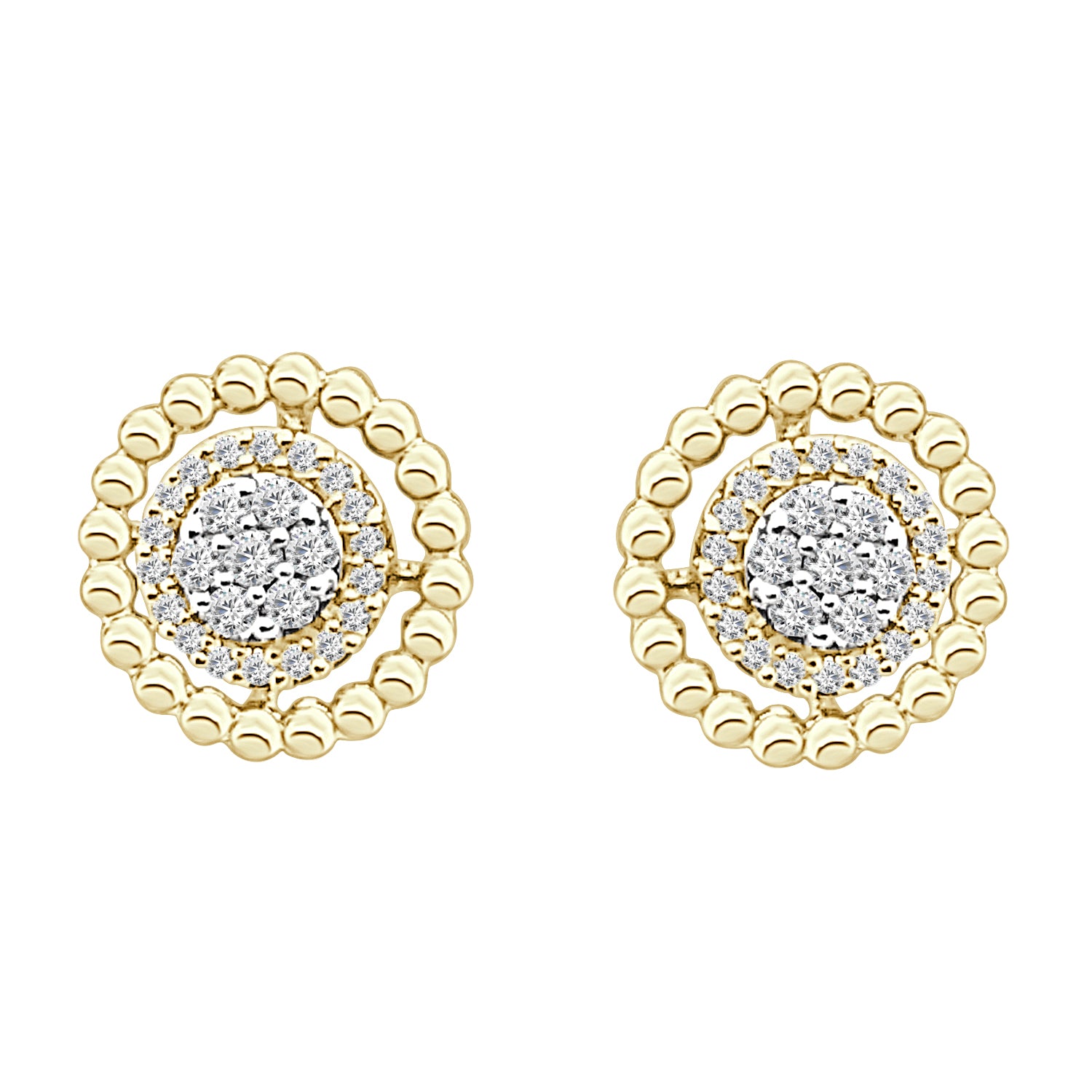 10K Yellow Gold Cluster Beaded Halo Earrings with 0.20 ct Natural Diamond