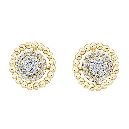 10K Yellow Gold Cluster Beaded Halo Earrings with 0.20 ct Natural Diamond