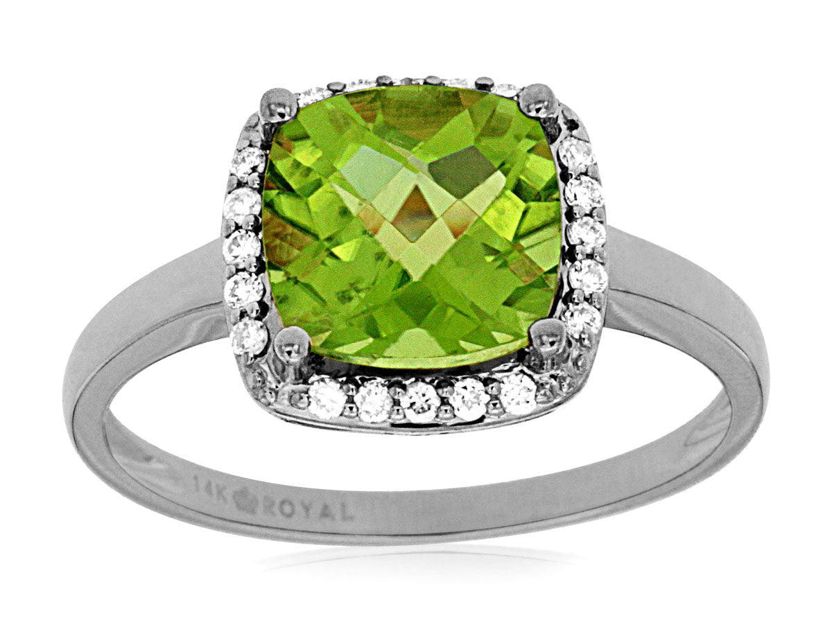 14 Karat White Gold Peridot and Diamond Cushion Shape Ring - 2.10 Carats