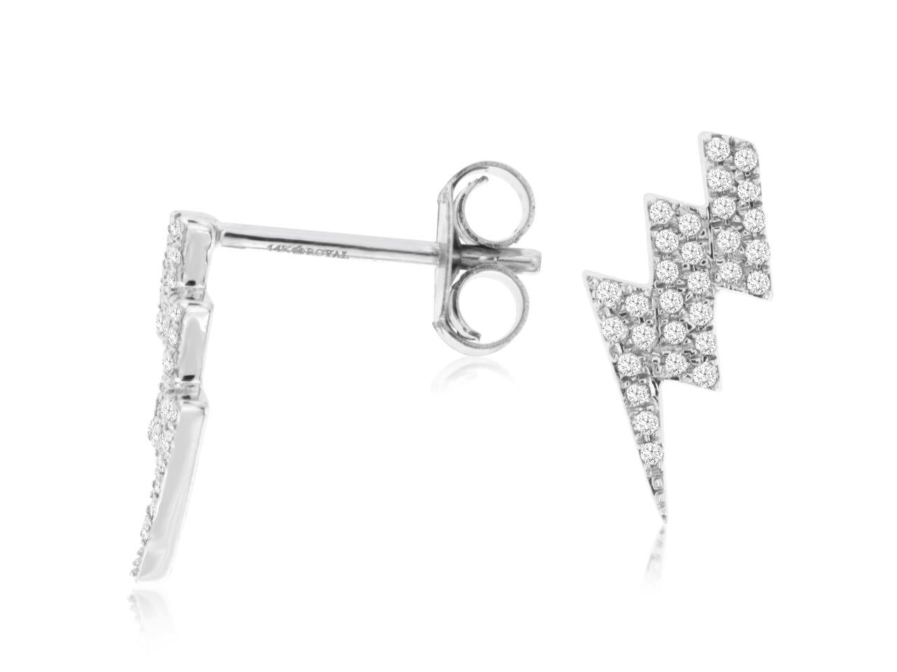 14K White Gold Lightning Stud Earrings with Natural Diamond - Round Shape, 0.17 Carats