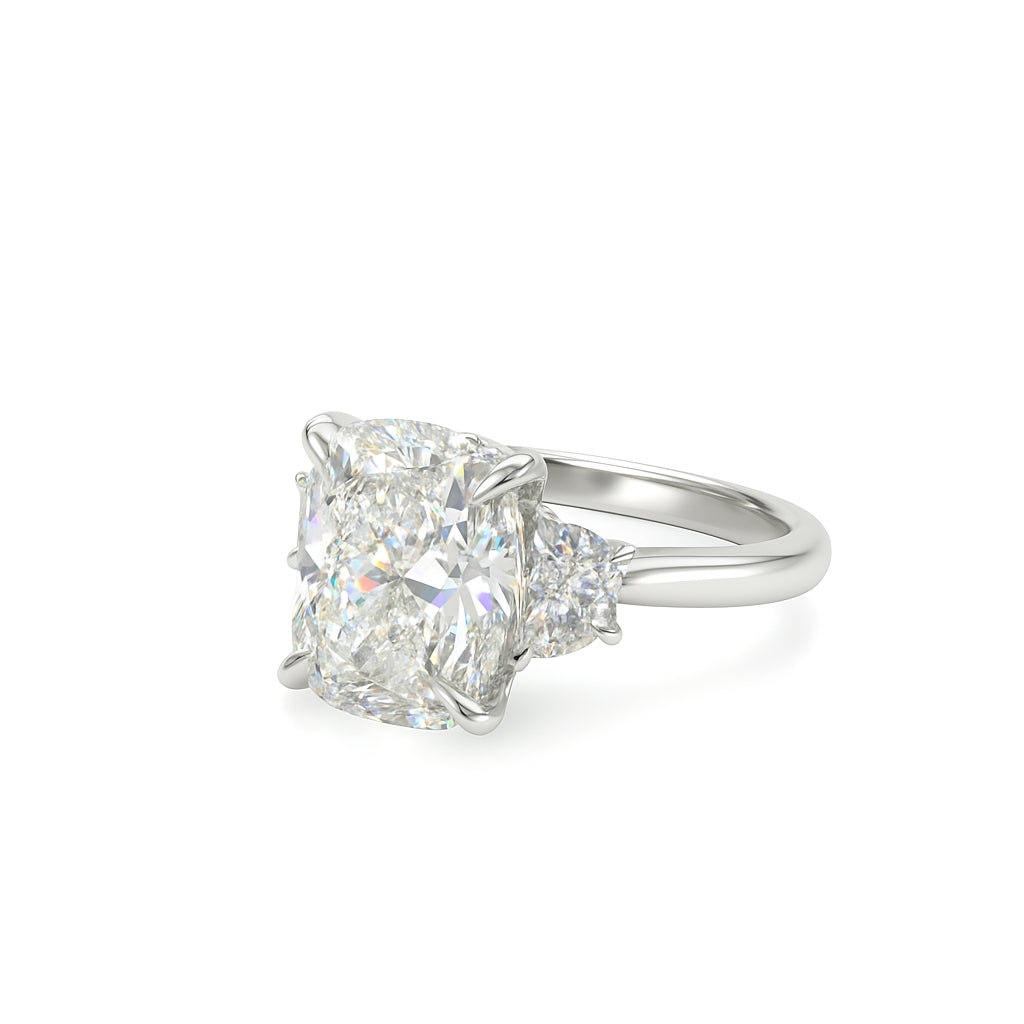 14K White Gold Lab Diamond Elongated Cushion Half Moon 3 Stone Engagement Ring - Cushion Shape 3.79