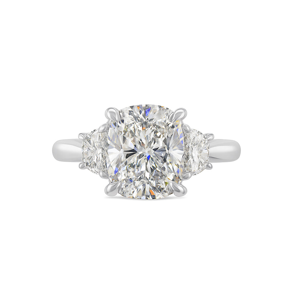 14K White Gold Lab Diamond Elongated Cushion Half Moon 3 Stone Engagement Ring - Cushion Shape 3.79