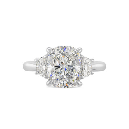 14K White Gold Lab Diamond Elongated Cushion Half Moon 3 Stone Engagement Ring - Cushion Shape 3.79