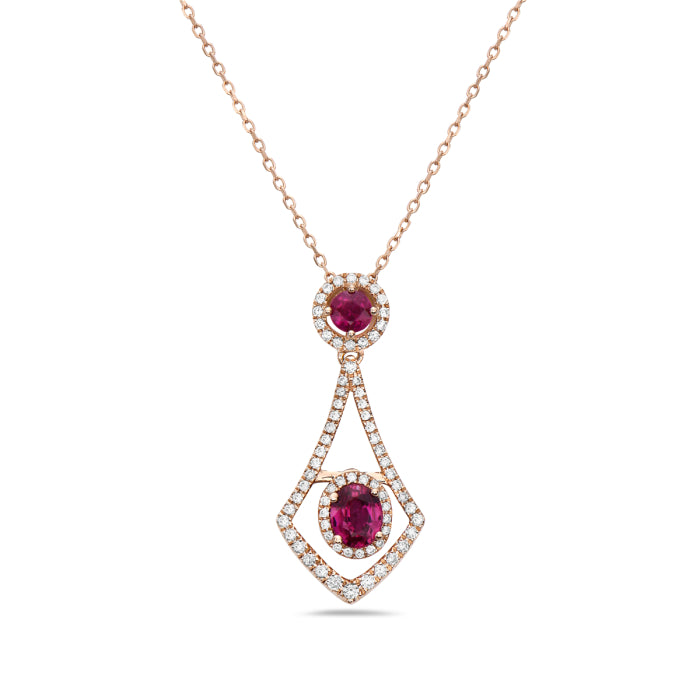 Geometric Ruby Halo Drop Necklace with 18K Yellow Gold Chain - 0.72 carats