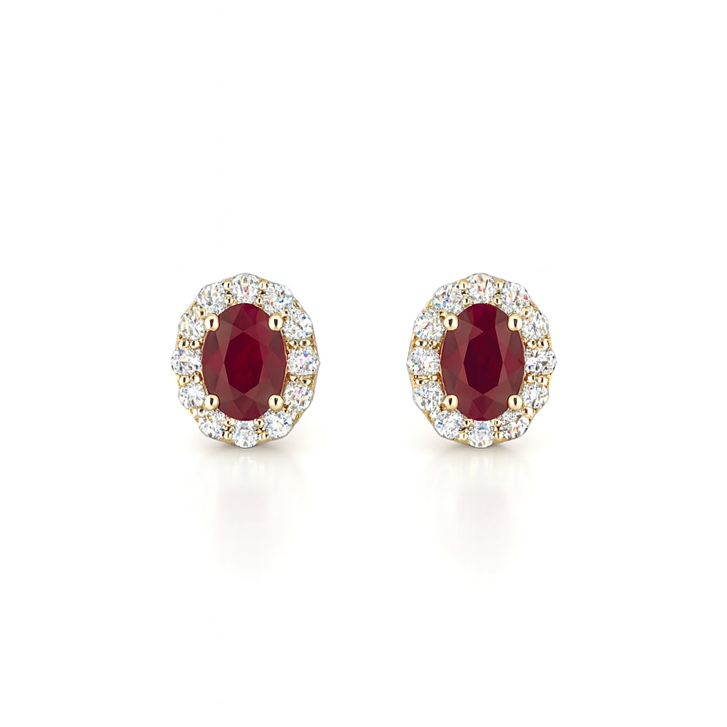 14 Karat White Gold Ruby Halo Stud Earrings - Oval Shape 1.20