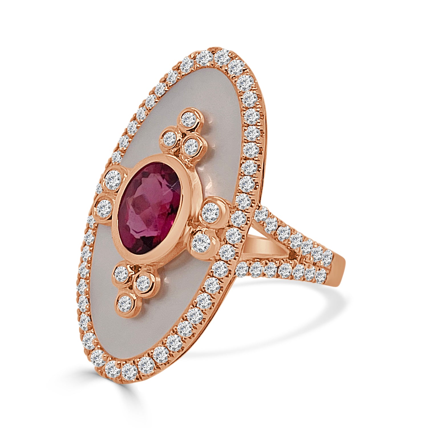 18K Rose Gold Mother of Pearl Cocktail Ring with Rubellite Accent, 1.09 Carats