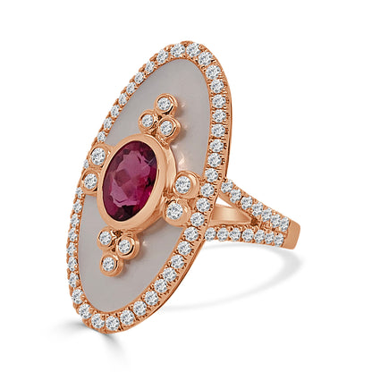 18K Rose Gold Mother of Pearl Cocktail Ring with Rubellite Accent, 1.09 Carats