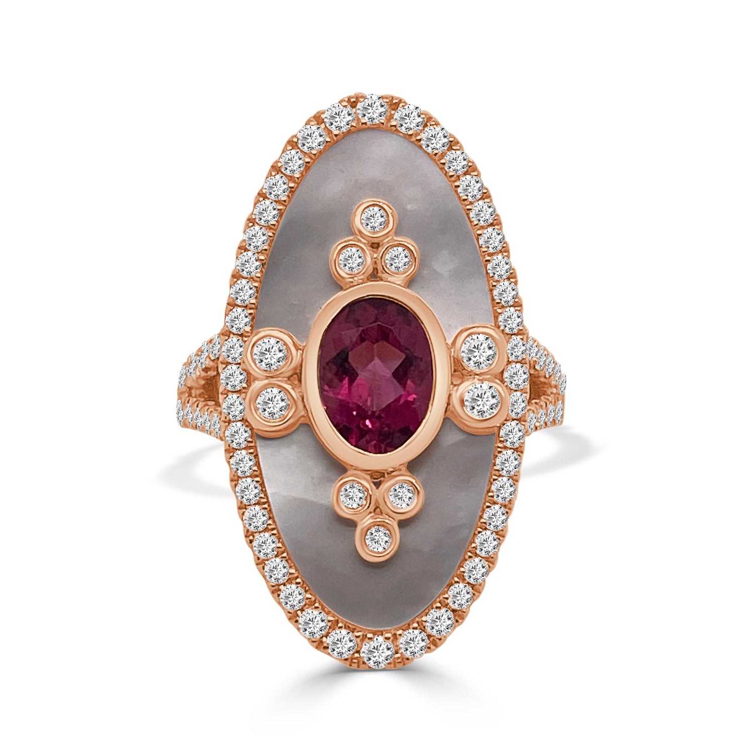 18K Rose Gold Mother of Pearl Cocktail Ring with Rubellite Accent, 1.09 Carats