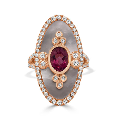 18K Rose Gold Mother of Pearl Cocktail Ring with Rubellite Accent, 1.09 Carats