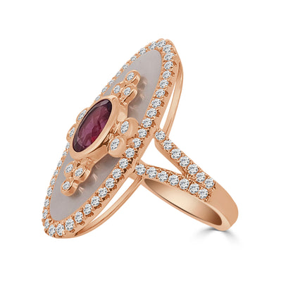 18K Rose Gold Mother of Pearl Cocktail Ring with Rubellite Accent, 1.09 Carats