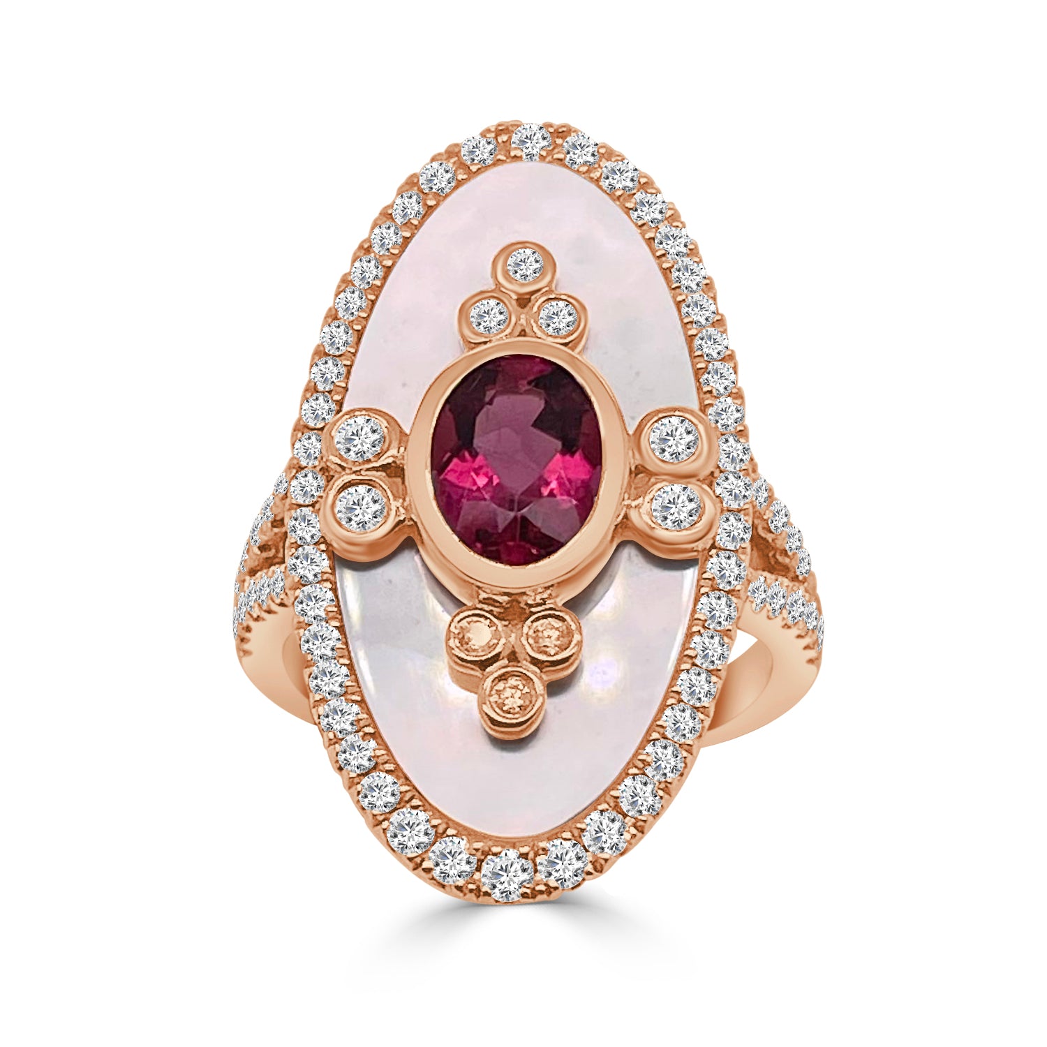 18K Rose Gold Mother of Pearl Cocktail Ring with Rubellite Accent, 1.09 Carats