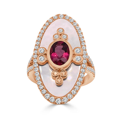 18K Rose Gold Mother of Pearl Cocktail Ring with Rubellite Accent, 1.09 Carats