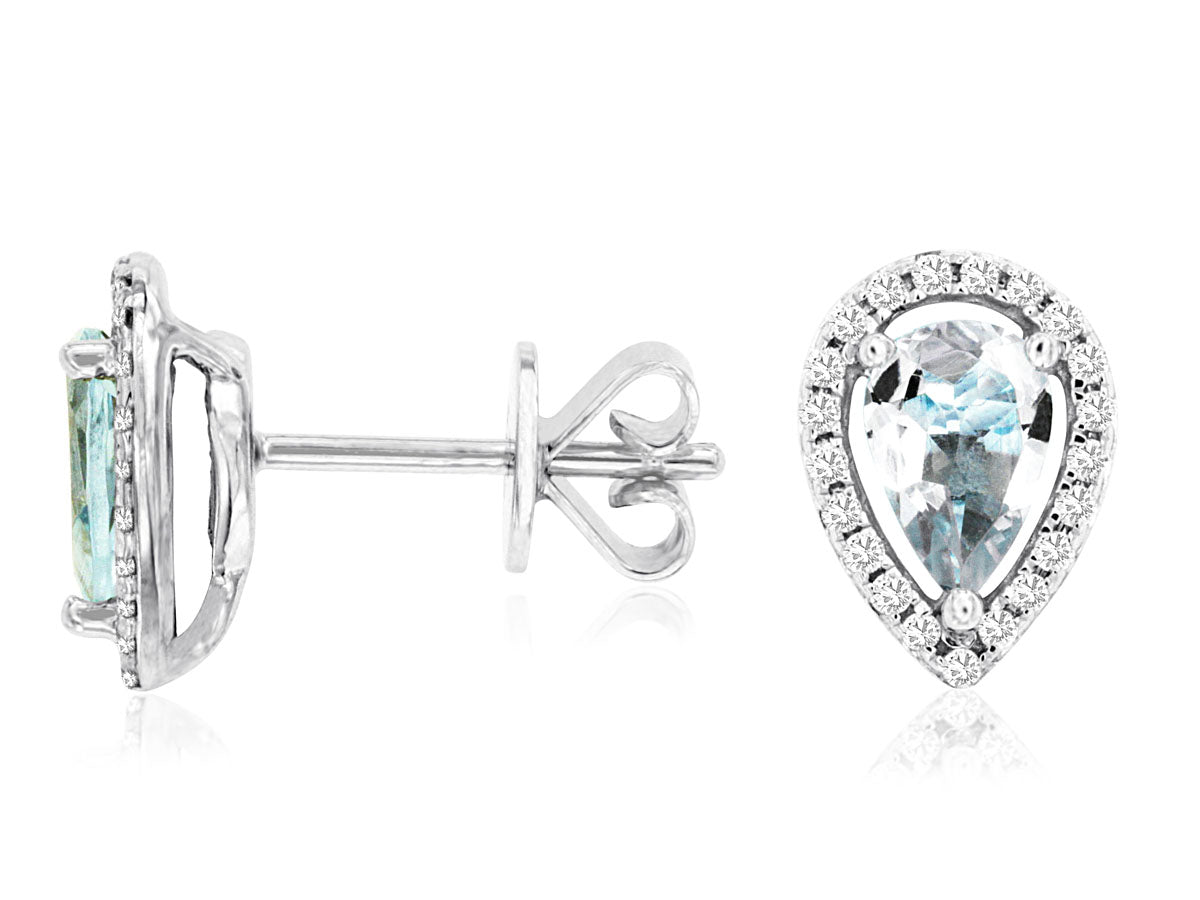 14K White Gold Aqua and Diamond Halo Stud Earrings with Pear-Shaped Aquamarine (0.70 ct)