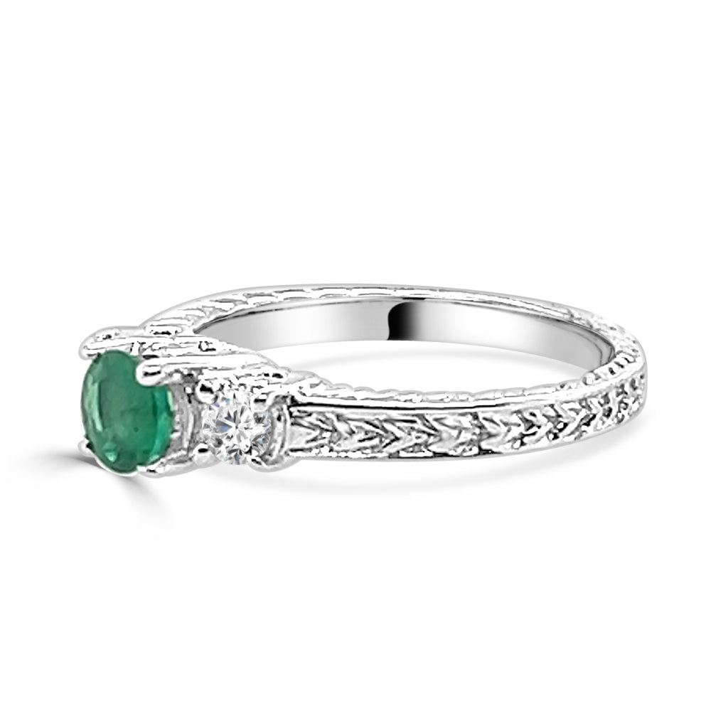 14K White Gold Three Stone Emerald and Diamond Ring with 0.60ct Round Shape Emerald