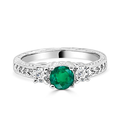 14K White Gold Three Stone Emerald and Diamond Ring with 0.60ct Round Shape Emerald