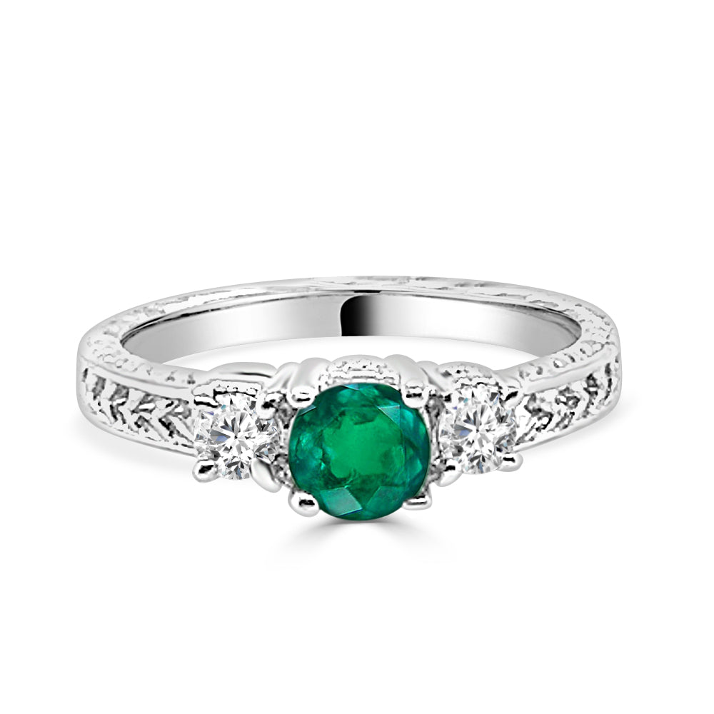 14K White Gold Three Stone Emerald and Diamond Ring with 0.60ct Round Shape Emerald