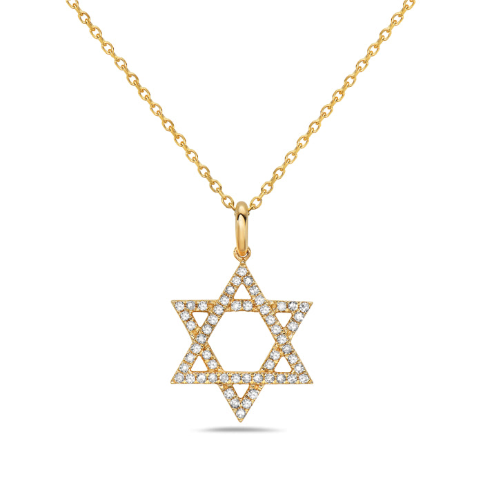 14K Yellow Gold Star of David Necklace with Natural Diamond, Round Shape 0.14 Carat