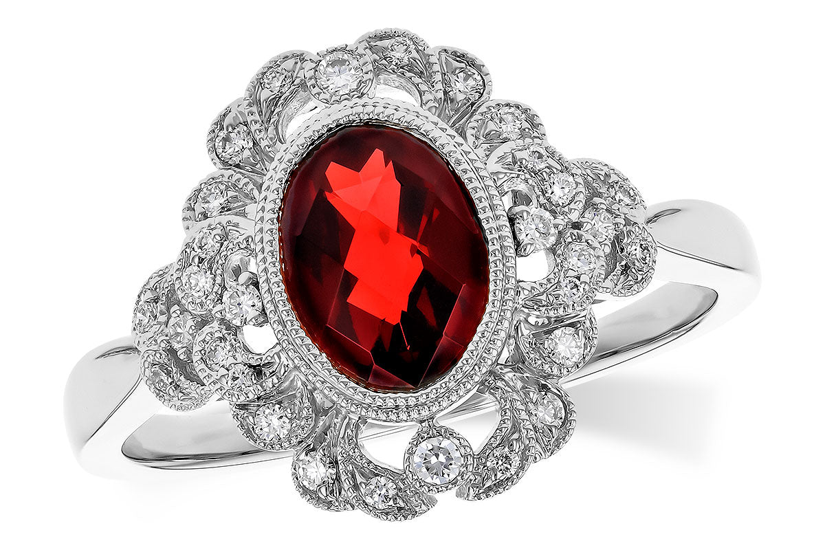 Oval Garnet Fancy Floral Halo Ring in 14 Karat White Gold - 1.40 ct