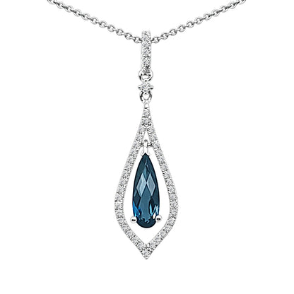 London Blue Topaz Open Teardrop Necklace in 14 Karat White Gold - 1.06 Carats