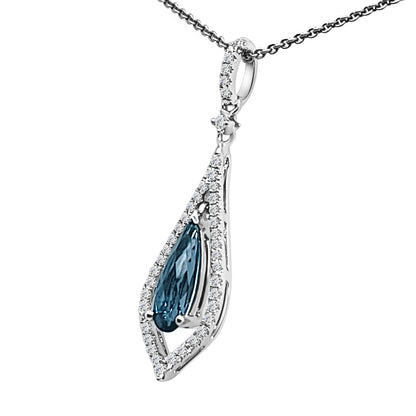 London Blue Topaz Open Teardrop Necklace in 14 Karat White Gold - 1.06 Carats