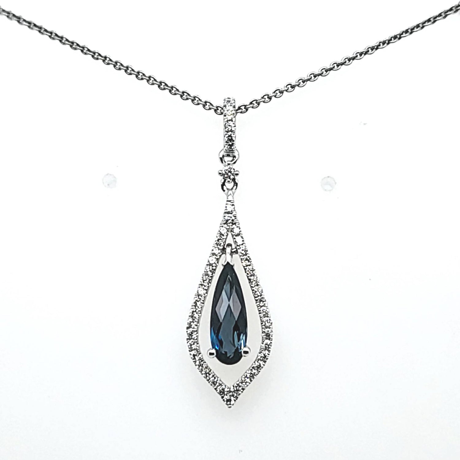 London Blue Topaz Open Teardrop Necklace in 14 Karat White Gold - 1.06 Carats