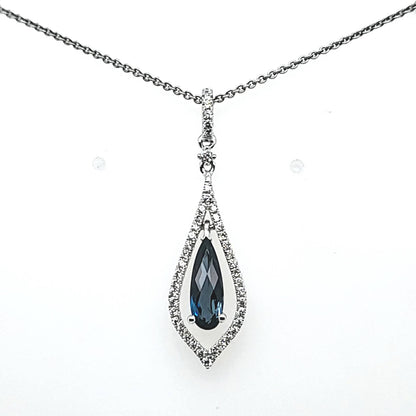 London Blue Topaz Open Teardrop Necklace in 14 Karat White Gold - 1.06 Carats