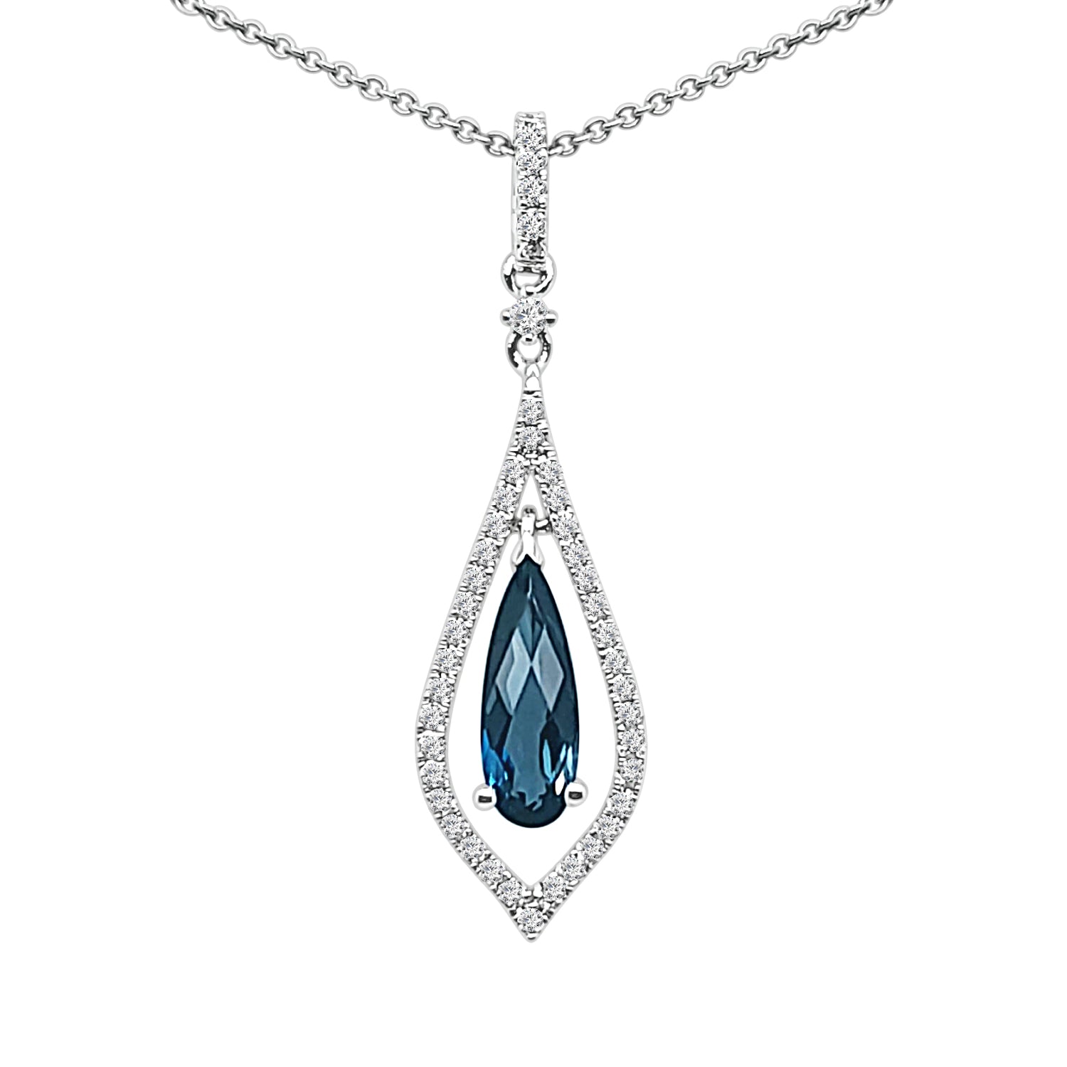 London Blue Topaz Open Teardrop Necklace in 14 Karat White Gold - 1.06 Carats