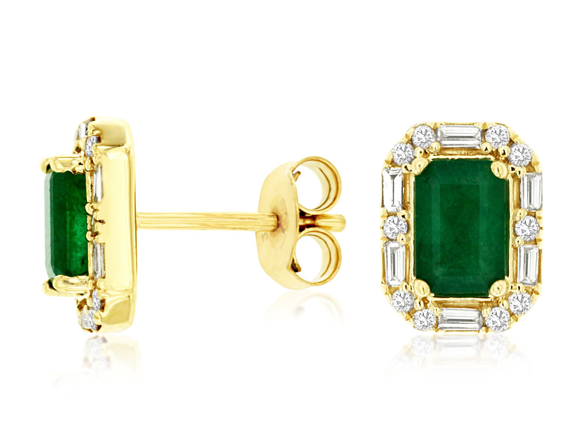Emerald Halo 14 Karat Yellow Gold Earrings with 1.10 Carat Emerald Shape