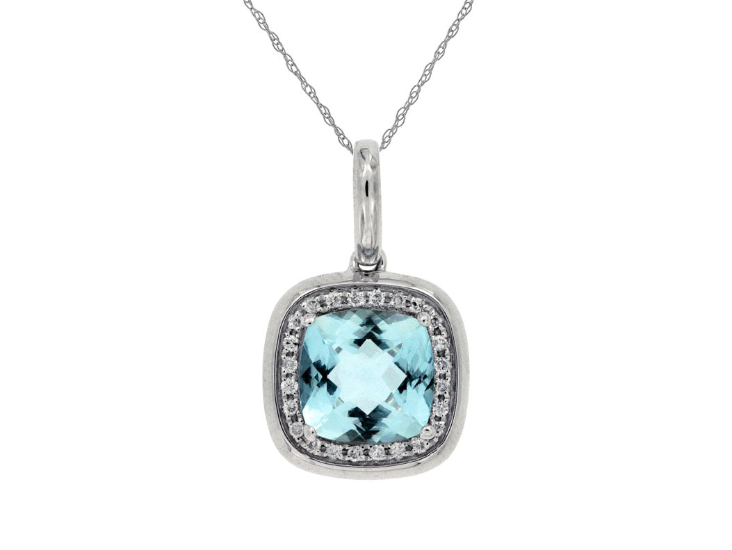 14 Karat White Gold Halo Aquamarine Necklace - Cushion Shape 1.35 Carats