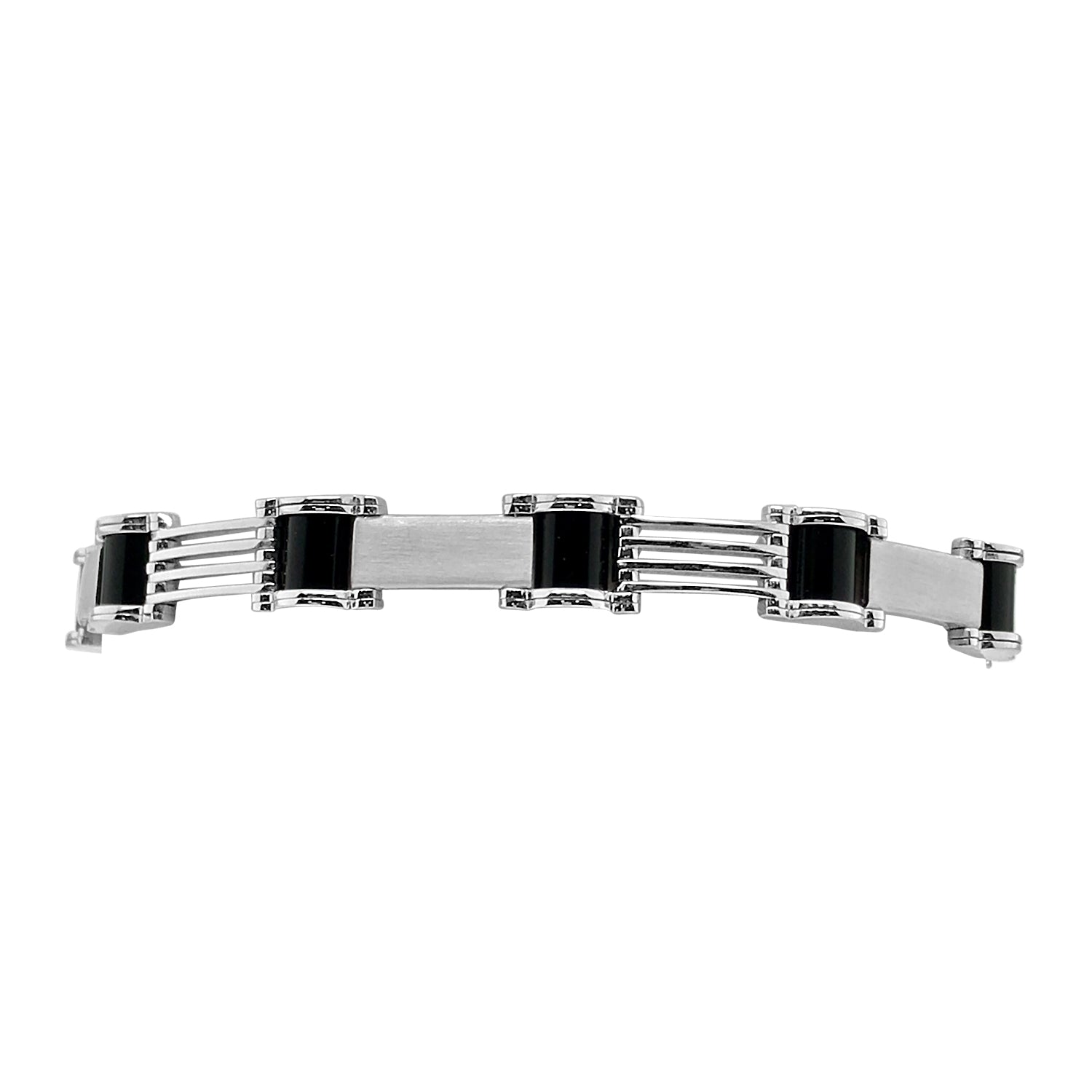 Brushed Bar Link Bracelet in 14 Karat White Gold with Onyx Detail