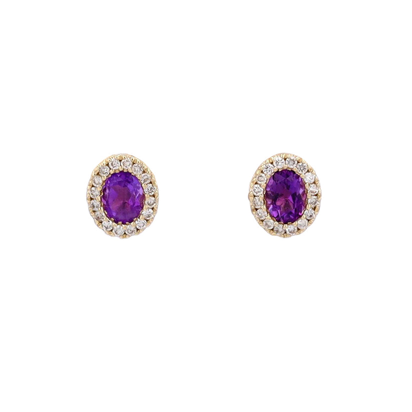 Sparkling Amethyst Stud Earrings with Diamond Halo in 10K Yellow Gold