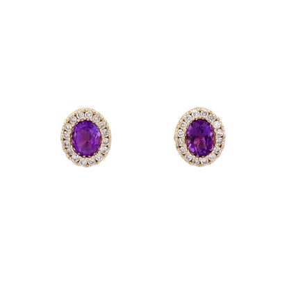 Sparkling Amethyst Stud Earrings with Diamond Halo in 10K Yellow Gold