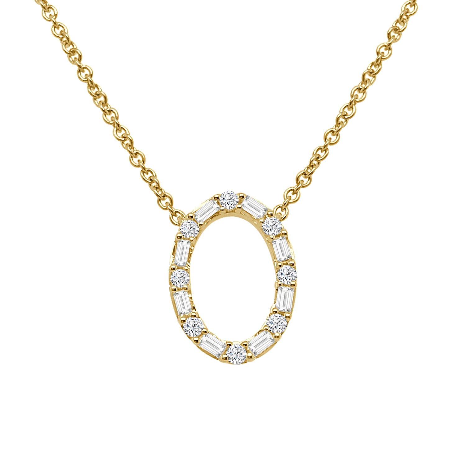 Sure! How about this title: 14K Yellow Gold Necklace with Round and Baguette Open Oval Natural Diamond Pendant - 0.22 ct