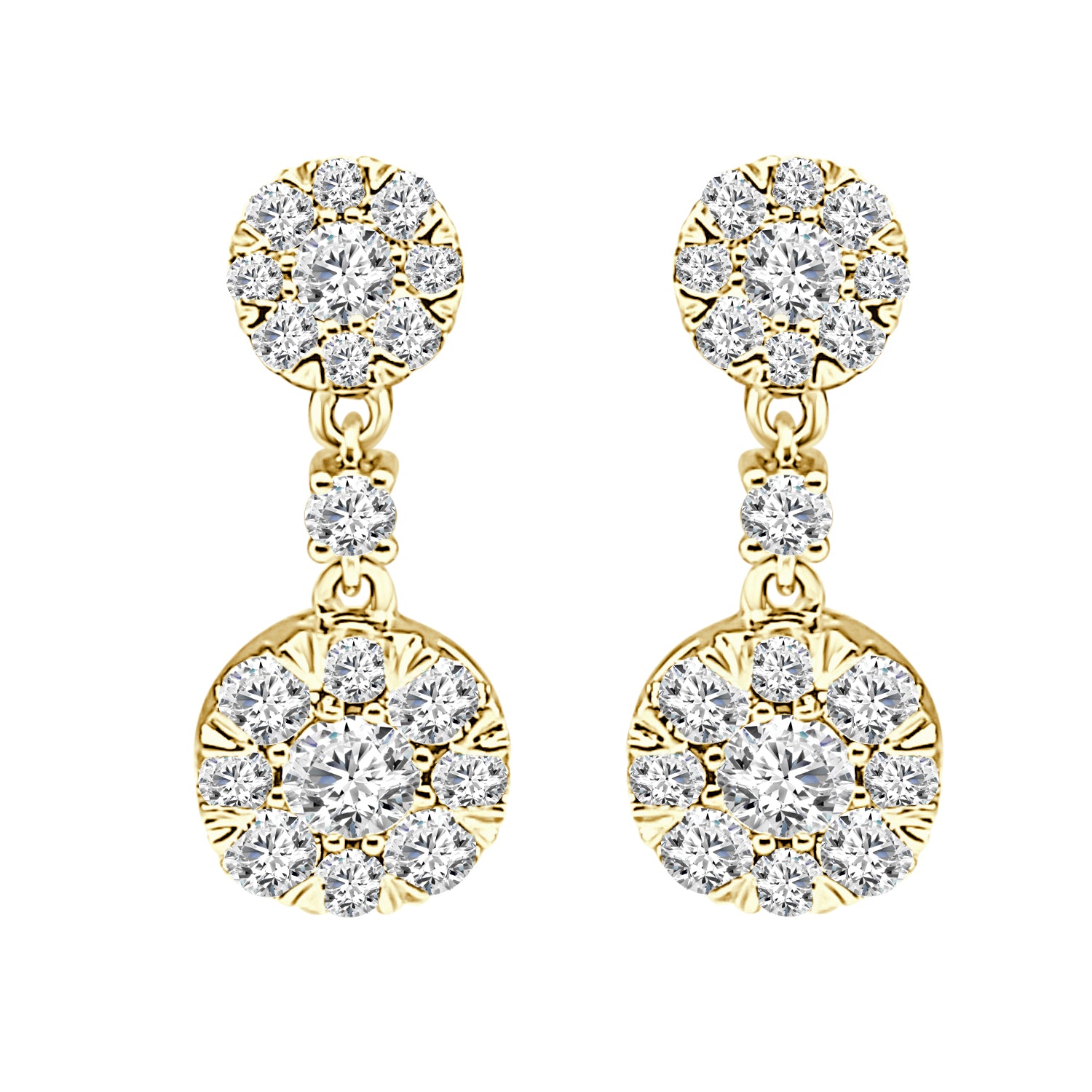 14K Yellow Gold Double Round Cluster Earrings with 1.27 Carats Natural Diamond