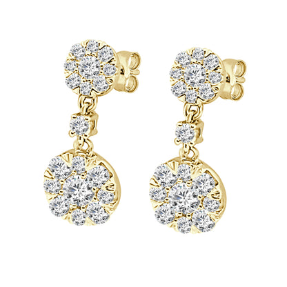 14K Yellow Gold Double Round Cluster Earrings with 1.27 Carats Natural Diamond