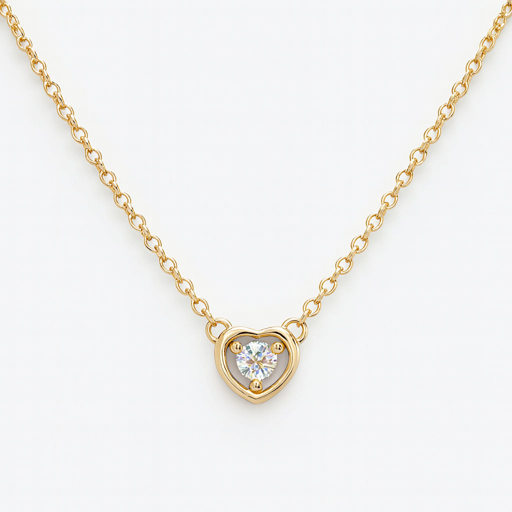 14K Yellow Gold Open Heart Necklace with Floating Round Diamond (0.11 ct)
