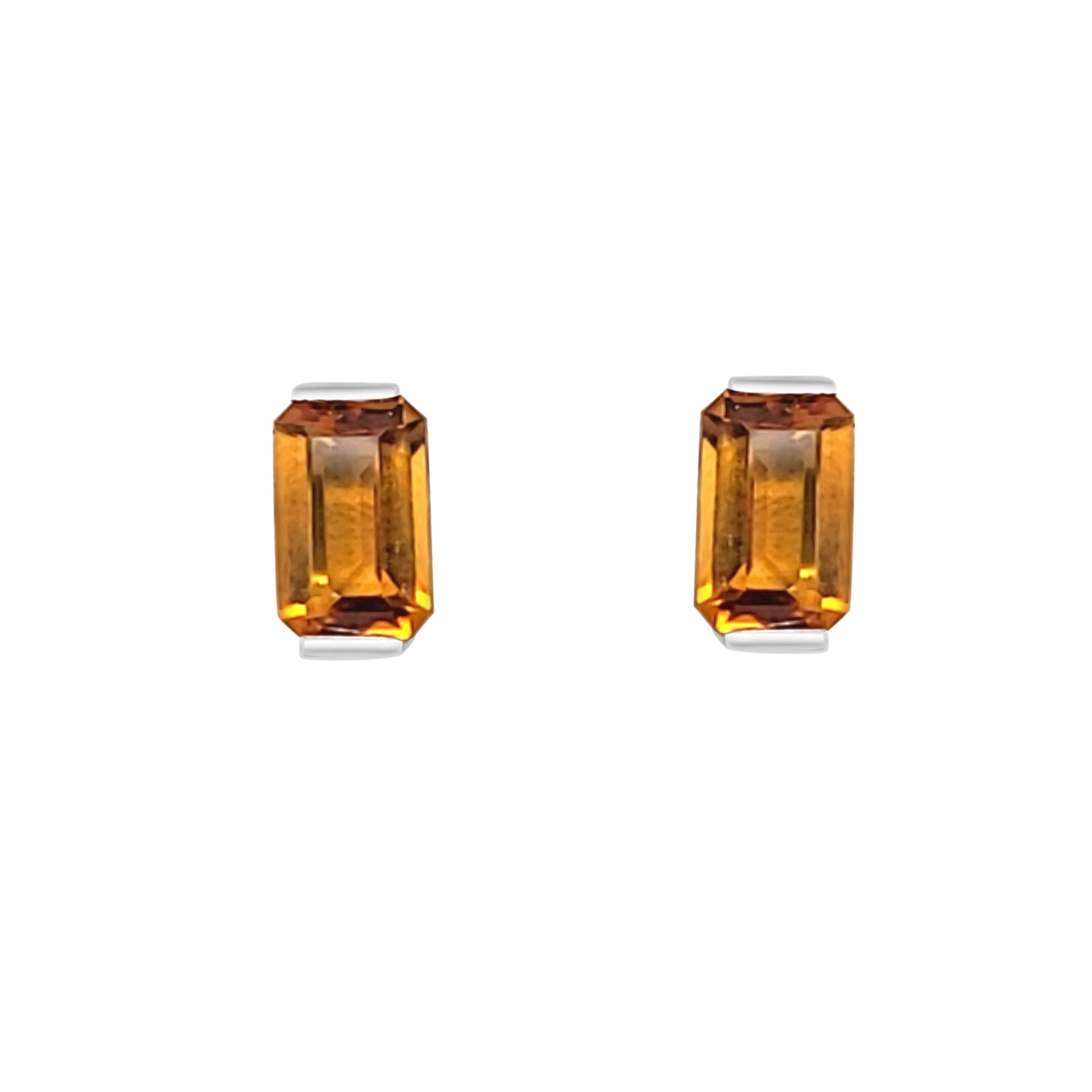 14K White Gold Citrine Stud Earrings, Emerald Shape 2.17 Carats