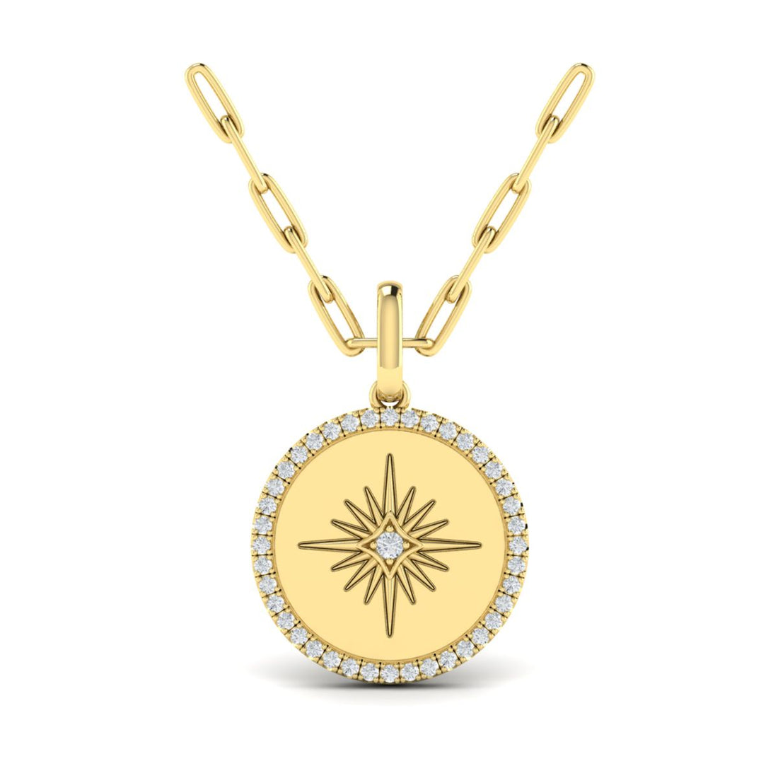 Stunning 14K Yellow Gold Necklace with Rd Halo Starburst Disc and 0.23ct Natural Diamond
