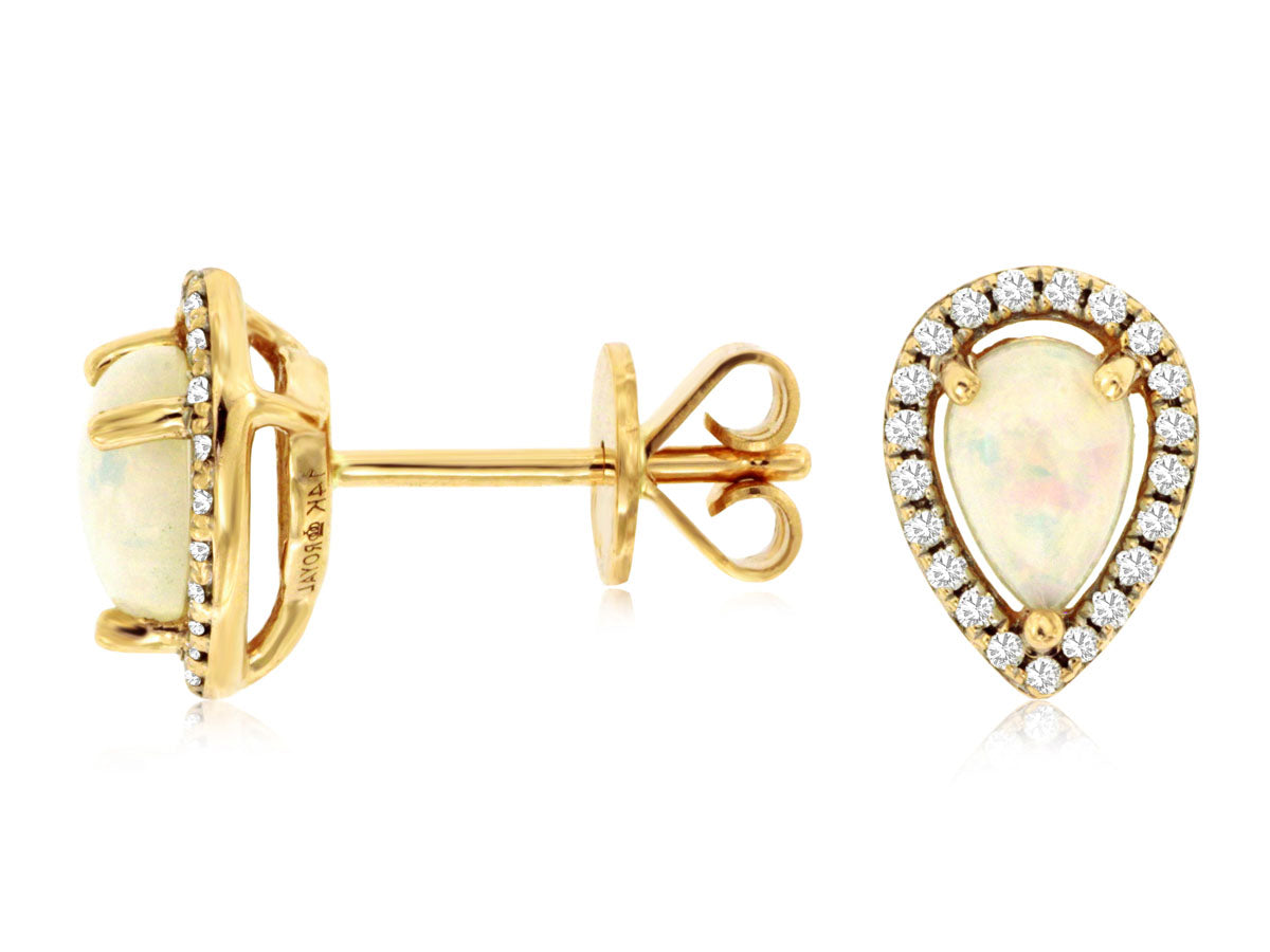 Opal Halo Stud Earrings in 14K Yellow Gold - Pear Shape, 0.50 Carat