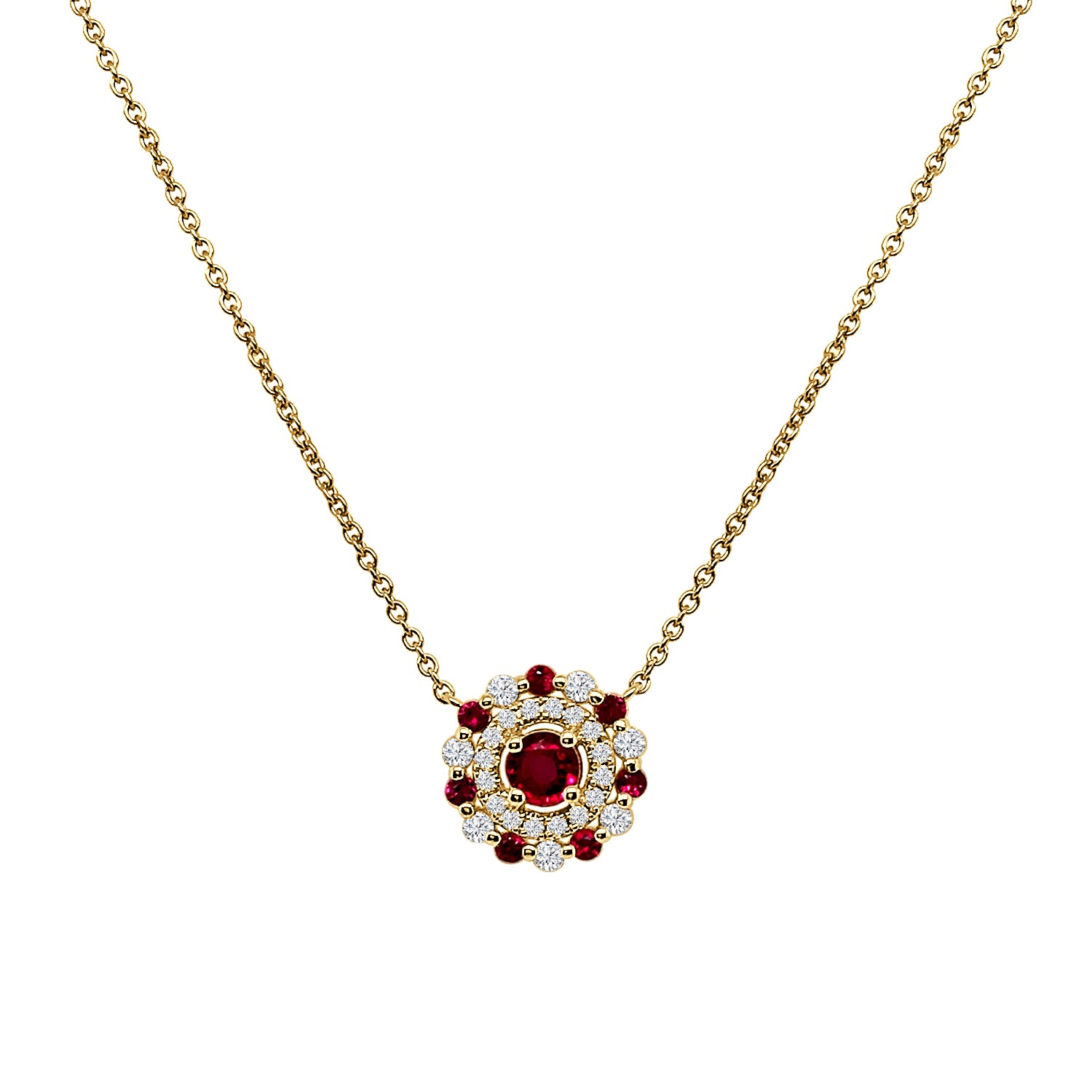 Double Halo Ruby Necklace in 14 Karat Yellow Gold - Round Shape, 0.51 Ct