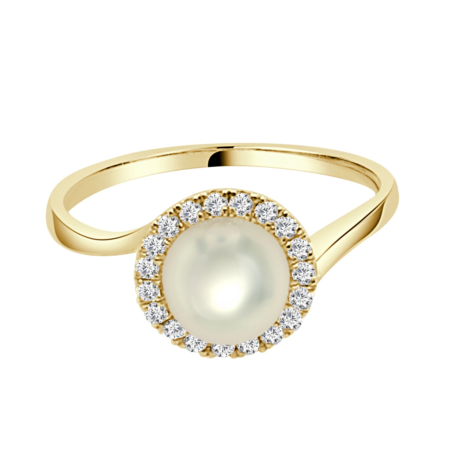Bypass Round Halo Pearl Ring in 14 Karat Yellow Gold